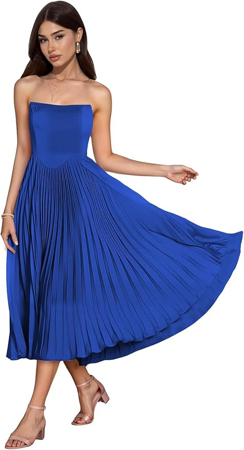 Strapless Pleated Satin Bridesmaid Dresses for Women Tea Length A Line Empire Waist Formal Evenin... | Amazon (US)