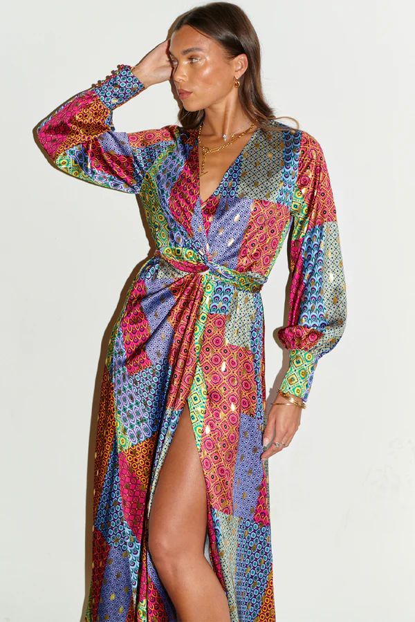 Geo Patchwork Long Sleeve Wrap Dress | Never Fully Dressed US