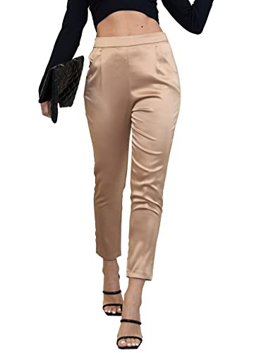 Women's Satin Silky Pants Dress Casual Pull on High Waist Pants with Pockets | Amazon (US)