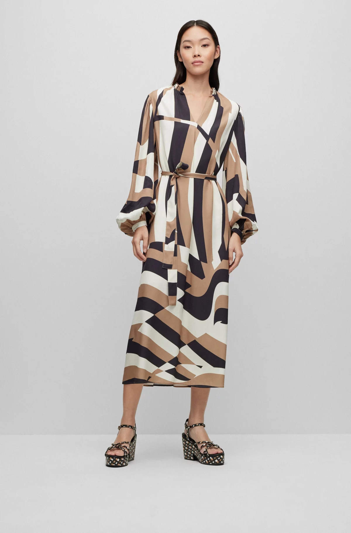 Robe à col V avec imprimé à rayures emblématiques | Hugo Boss FR