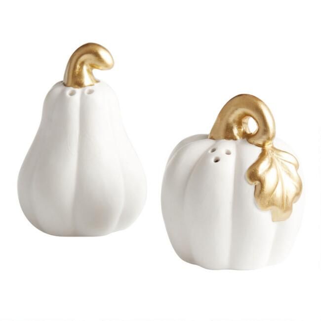 White and Gold Ceramic Pumpkin Salt and Pepper Shaker Set | World Market