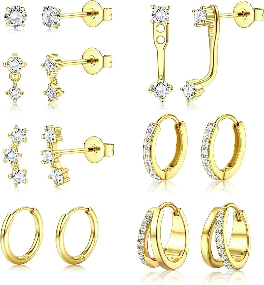 BESTEEL Small Stud Hoop Earrings for Women - 7 Pairs Hypoallergenic 14K Gold Plated Huggie Earrin... | Amazon (US)