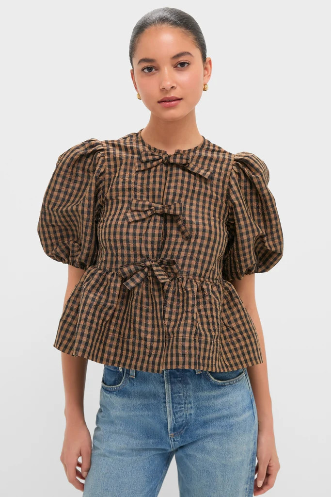 Tobacco Brown Crinkled Taffeta Check Peplum Blouse | Tuckernuck (US)