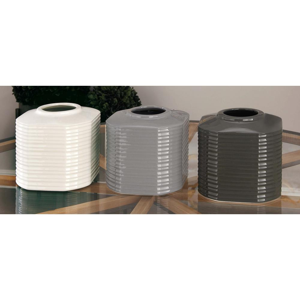 LITTON LANE 7 in. Ribbed Octagonal Ceramic Vases in Black, Gray and White (Set of 3), Multi | The Home Depot