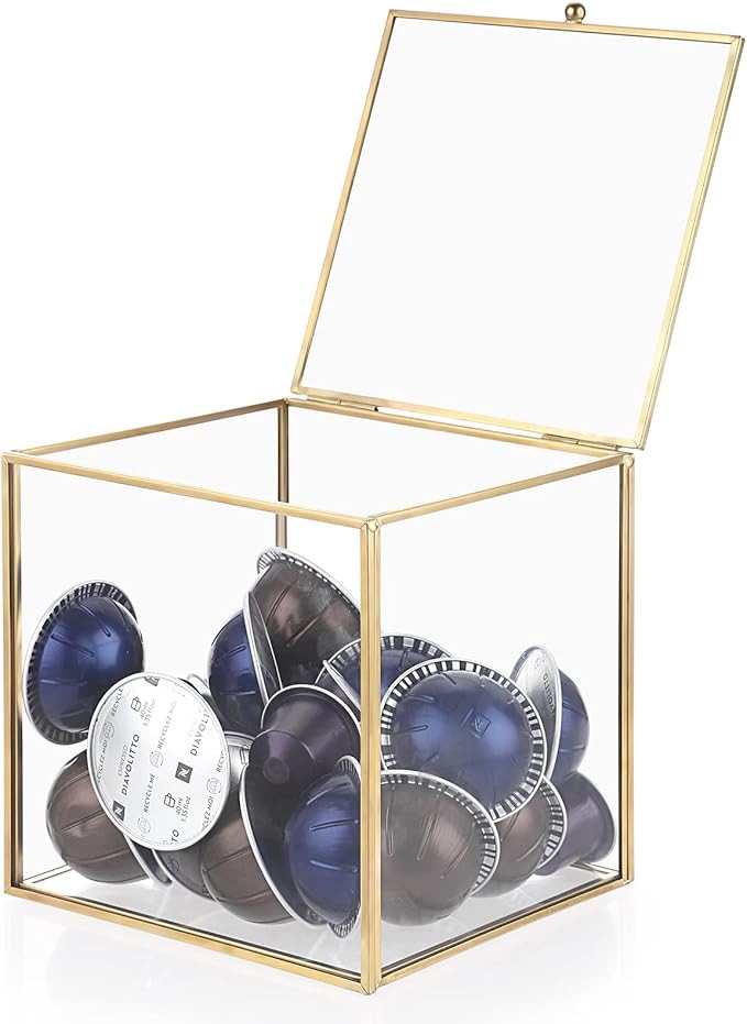 ELLDOO Gold Glass Coffee Pods Holder, Coffee Capsule Storage Box with Lid,Tea Bags Sugar Packets ... | Amazon (US)