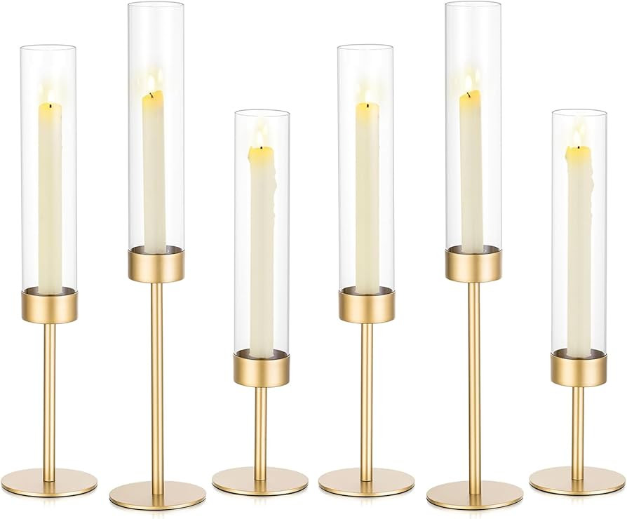 Romadedi Glass Hurricane Candlestick Holders Gold Set of 6 Taper Candle Holder Bulk Tall Clear Gl... | Amazon (US)
