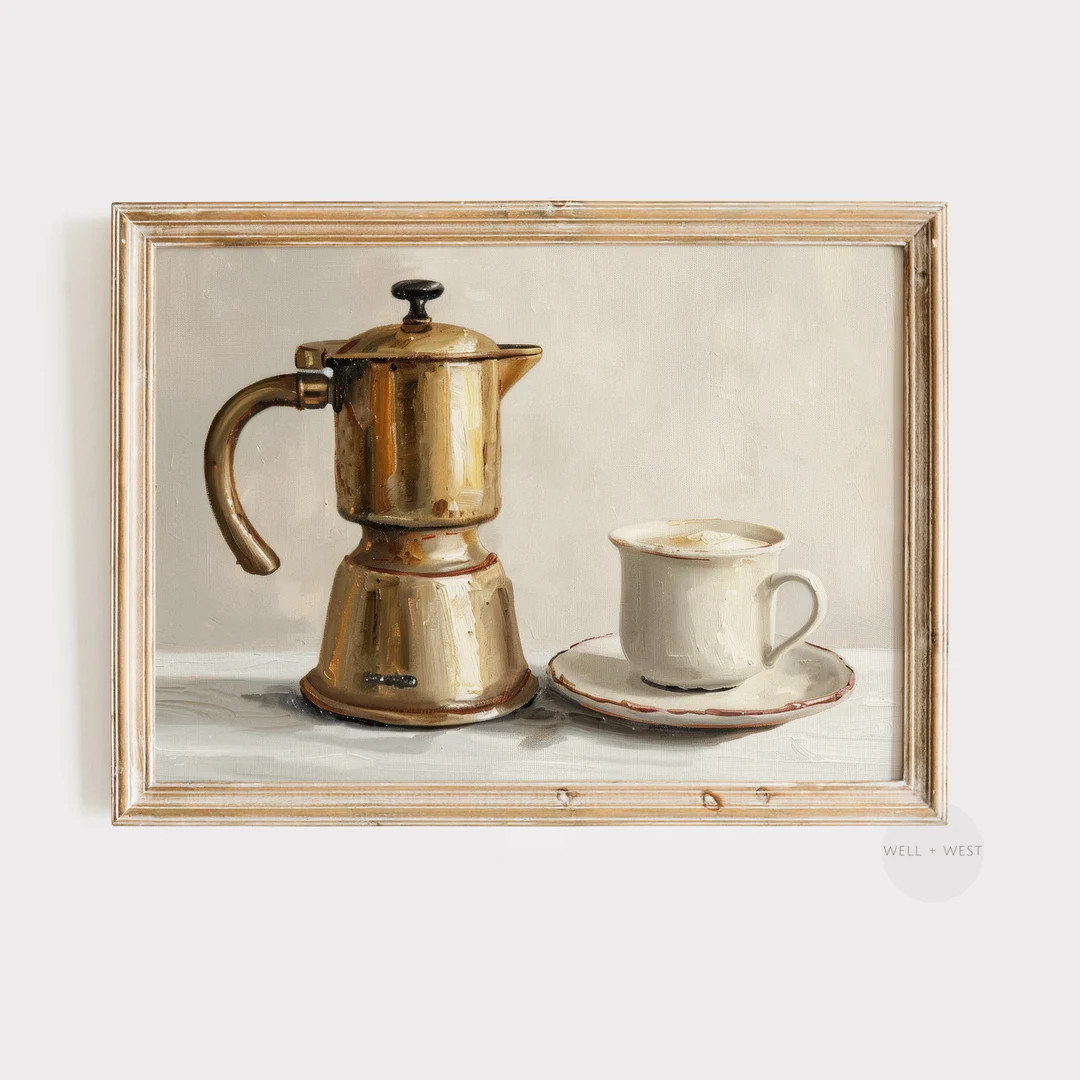 Neutral Coffee Art Print Espresso Kitchen Art Vintage Still Life Painting Coffee Bar Decor Coffee... | Etsy (US)