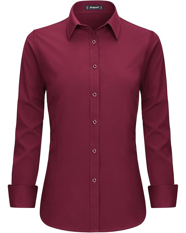Women Long Sleeve Dress Shirt Formal Work Wear Shirts Stretch Button Up Shirt for Women with Sing... | Amazon (UK)