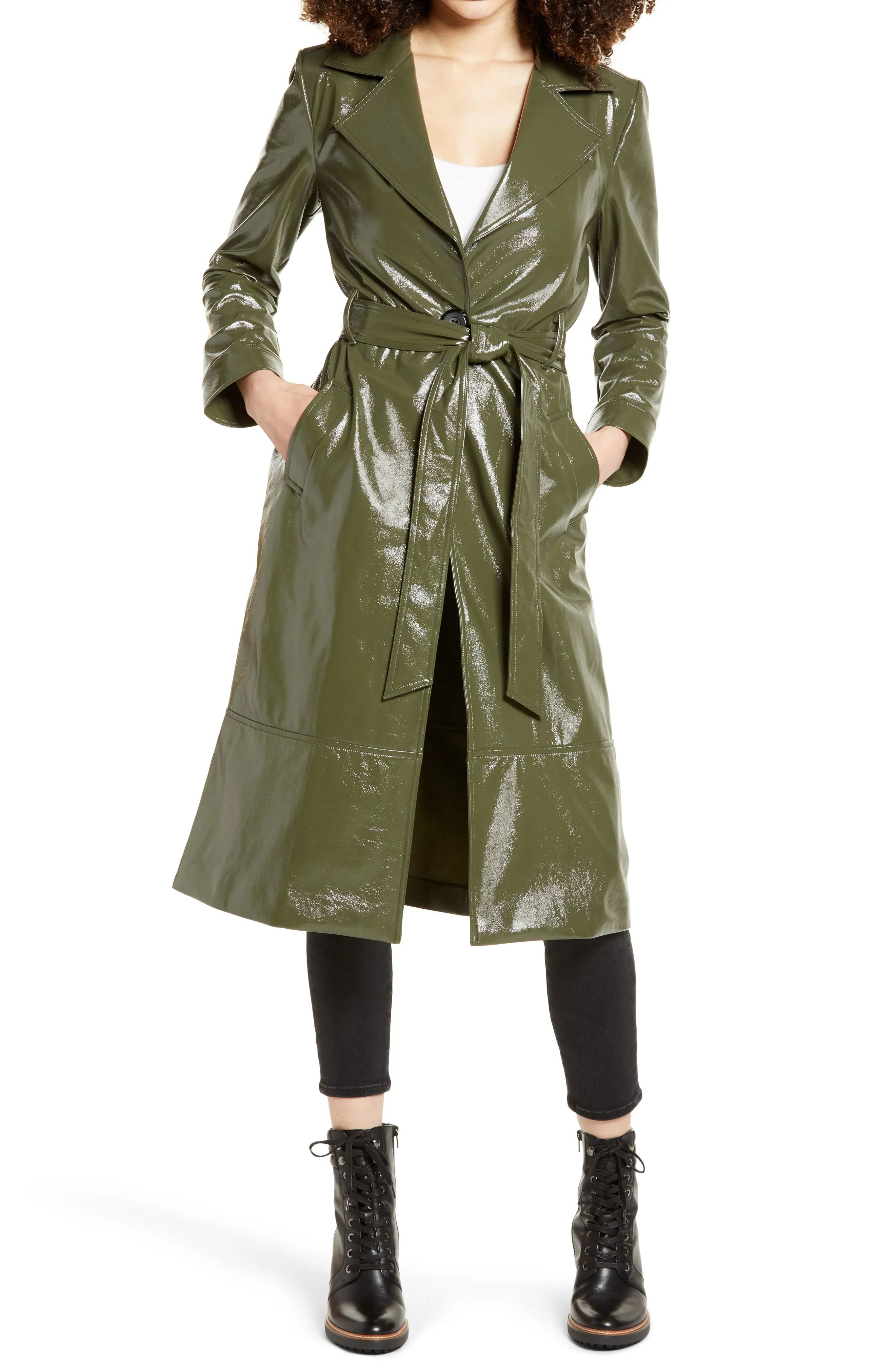 Women's Leith Faux Patent Leather Trench Coat, Size Small - Green | Nordstrom