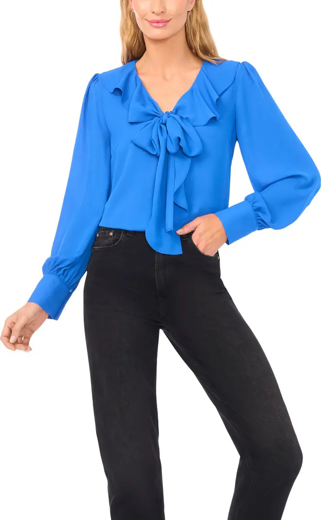 Ruffle Tie Neck Long Sleeve Georgette Top | Nordstrom