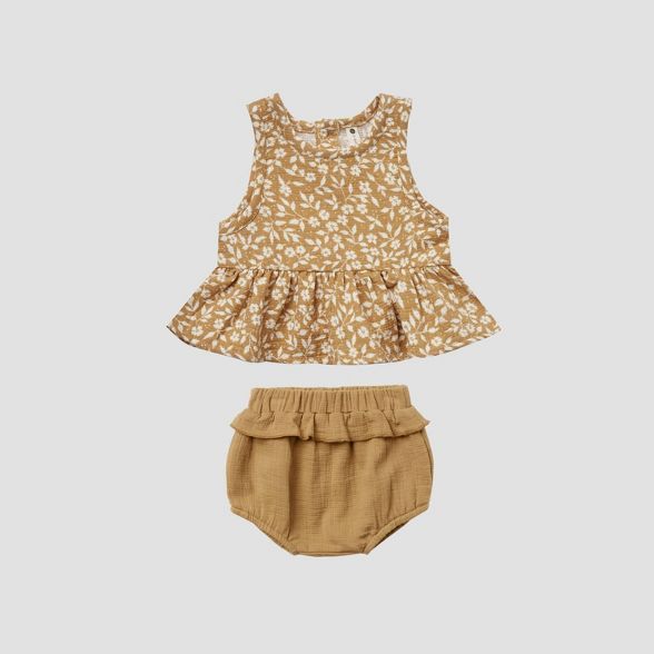 Q by Quincy Mae Baby Girls' 2pc Floral Peplum Gauze Top & Bubble Shorts Set - Honey Yellow | Target