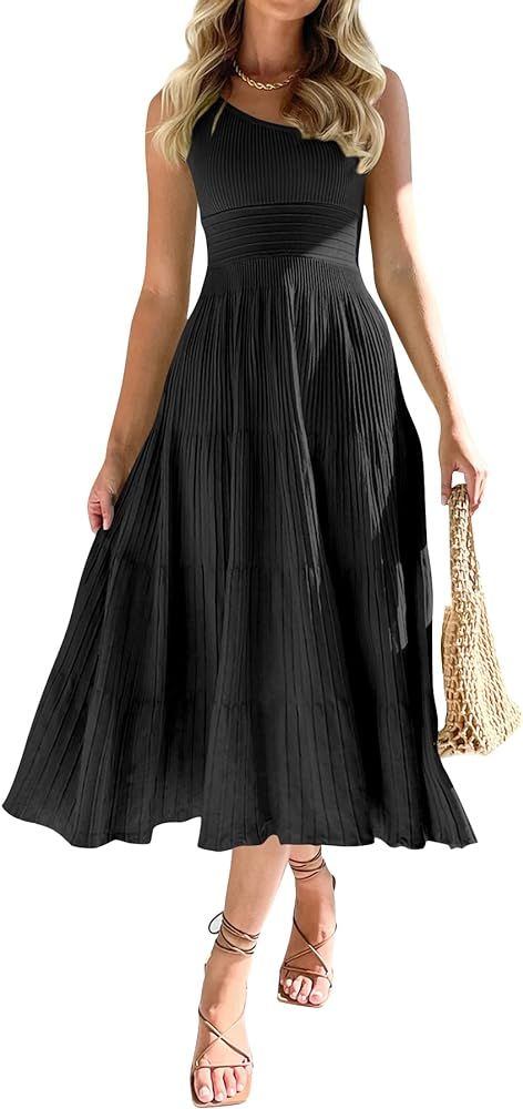 Saodimallsu Womens Sleeveless One Shoulder Knit Dress Elegant Smocked Ruffle Tiered Long Party Mi... | Amazon (US)