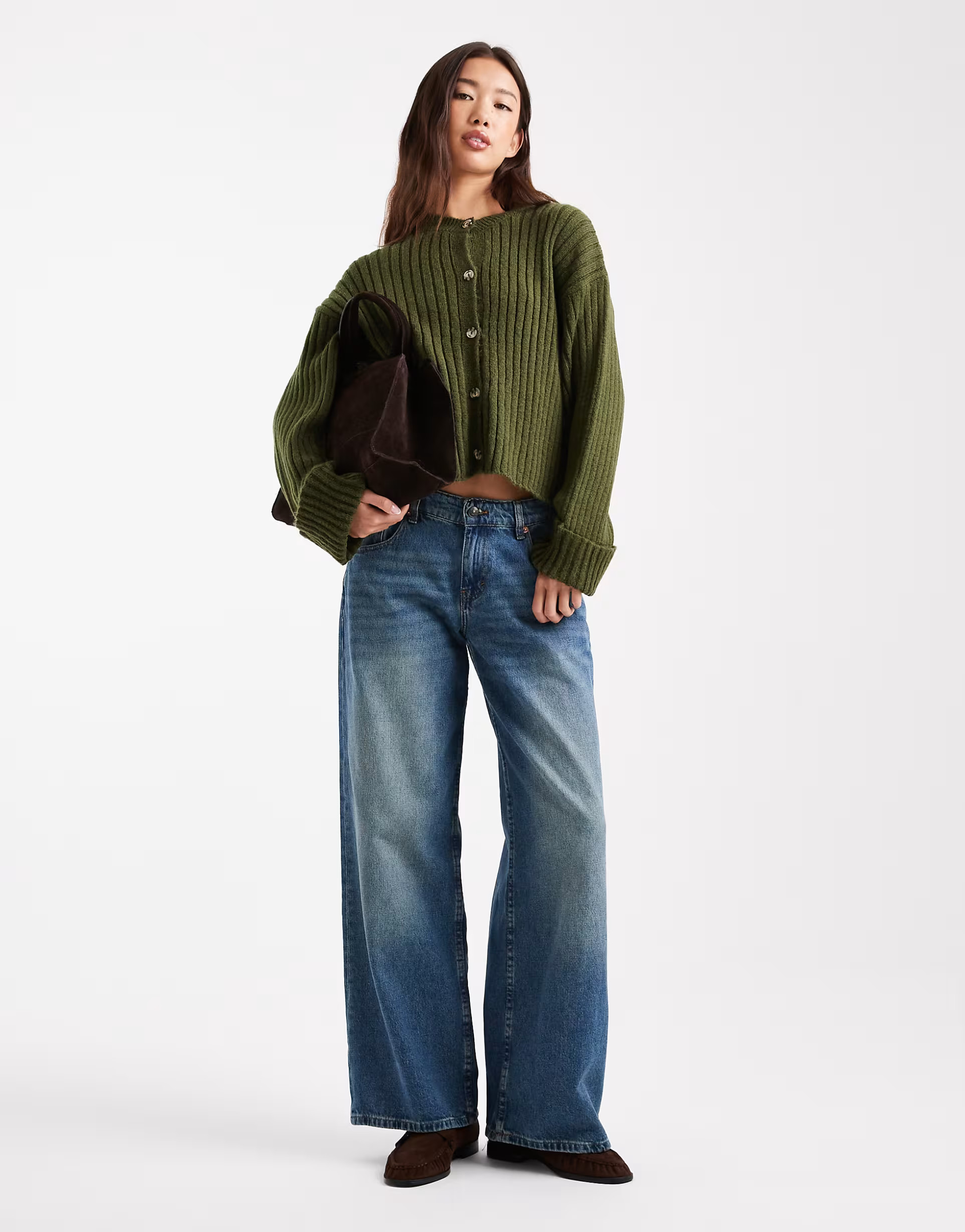 ASOS DESIGN knitted cardigan with turn up cuff in khaki | ASOS (Global)