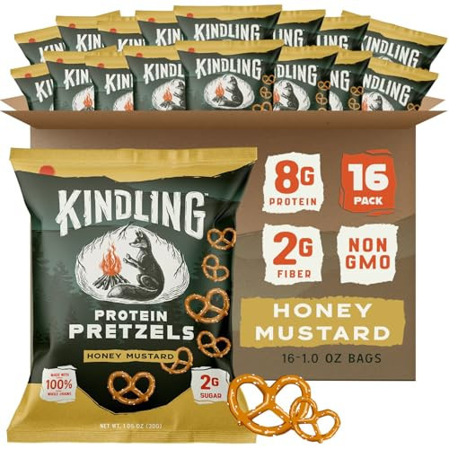 Kindling Protein Pretzels - Honey Mustard | Protein-Packed Snack Size Bags | Kosher | 8-9g Protein Per Serving | Only 1-2g of Total Sugar | No Artificial Flavors, Soy-Free | Lunches, Office Snacks, & On-the-Go | 16-Count (1.06oz Bags) | Amazon (US)