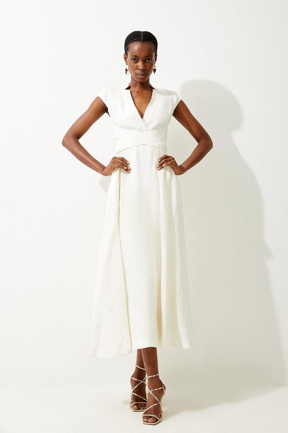 Premium Linen V Neck Wrap Detail Woven Midi Dress | Karen Millen US