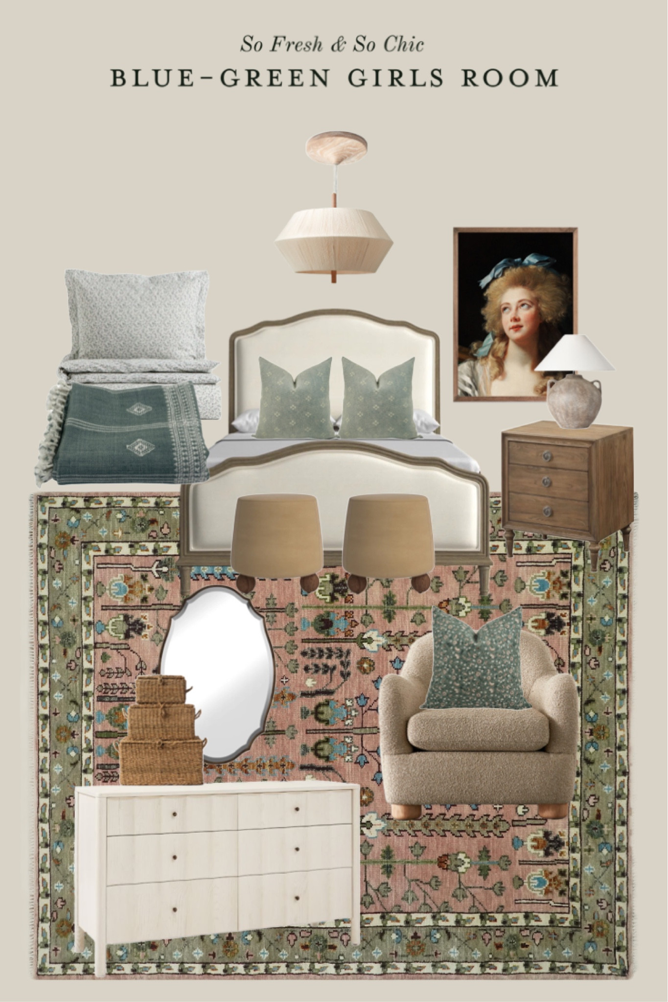 Whimsical girls room mood board!
-
Tween girls room - teen girls bedroom decor - Indian handwoven rug - blue green room - blue green rug - oval wavy edge wall mirror - wood nightstand - ceramic table lamp grey beige with white shade - stacking wicker boxes - beige boucle armchair - whimsical vintage art portrait - affordable art - digital art - printable art - oak light fixture - printed twin duvet cover light green - green throw blanket - cream dresser - green block printed throw pillows - cream bed with wooden frame - round brown ottomans with ball feet - girls room decor 

#LTKkids #LTKsalealert #LTKhome