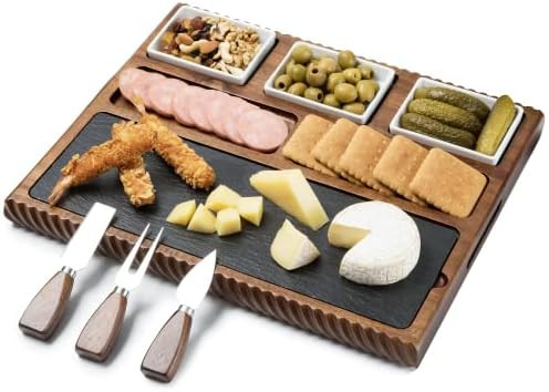 Shanik Cheese Board with Black Slate Blade and 3 Stainless Steel Cutlery Set, Acacia Wood Charcut... | Amazon (US)