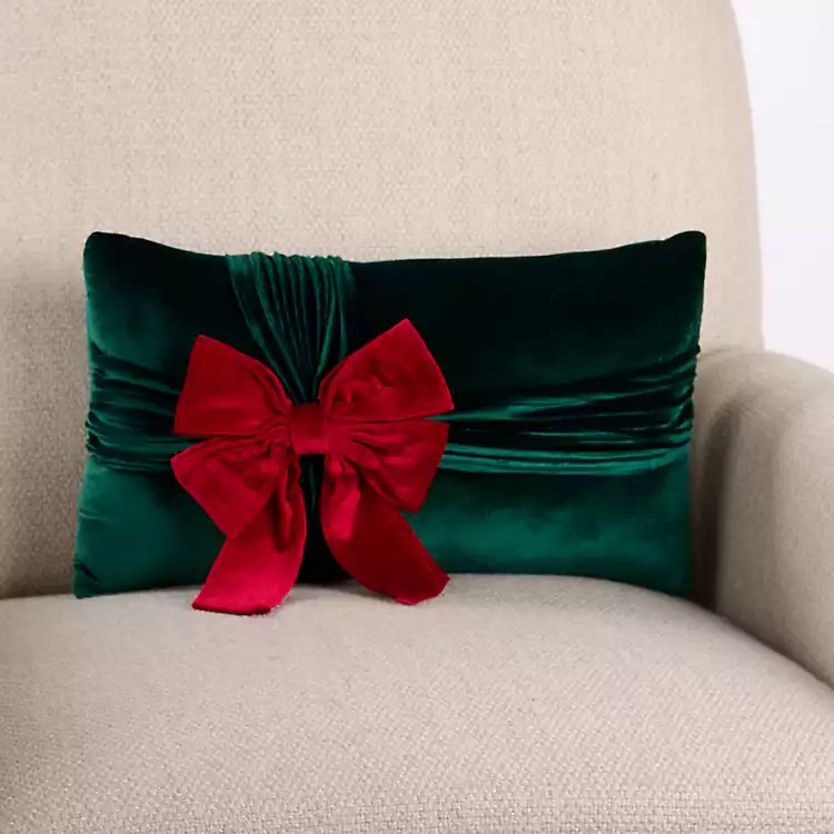 Red Bow Green Velvet Lumbar Pillow | Kirklands Home | Kirklands