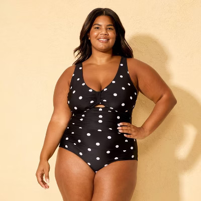 Women's Polka Dots Tab-Front Scoop Neck Medium Coverage One Piece Swimsuit - Shade & Shore™ Black 22 | Target