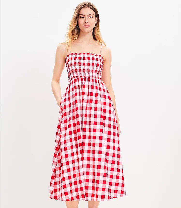 Tall Gingham Smocked Strappy Maxi Pocket Dress | LOFT