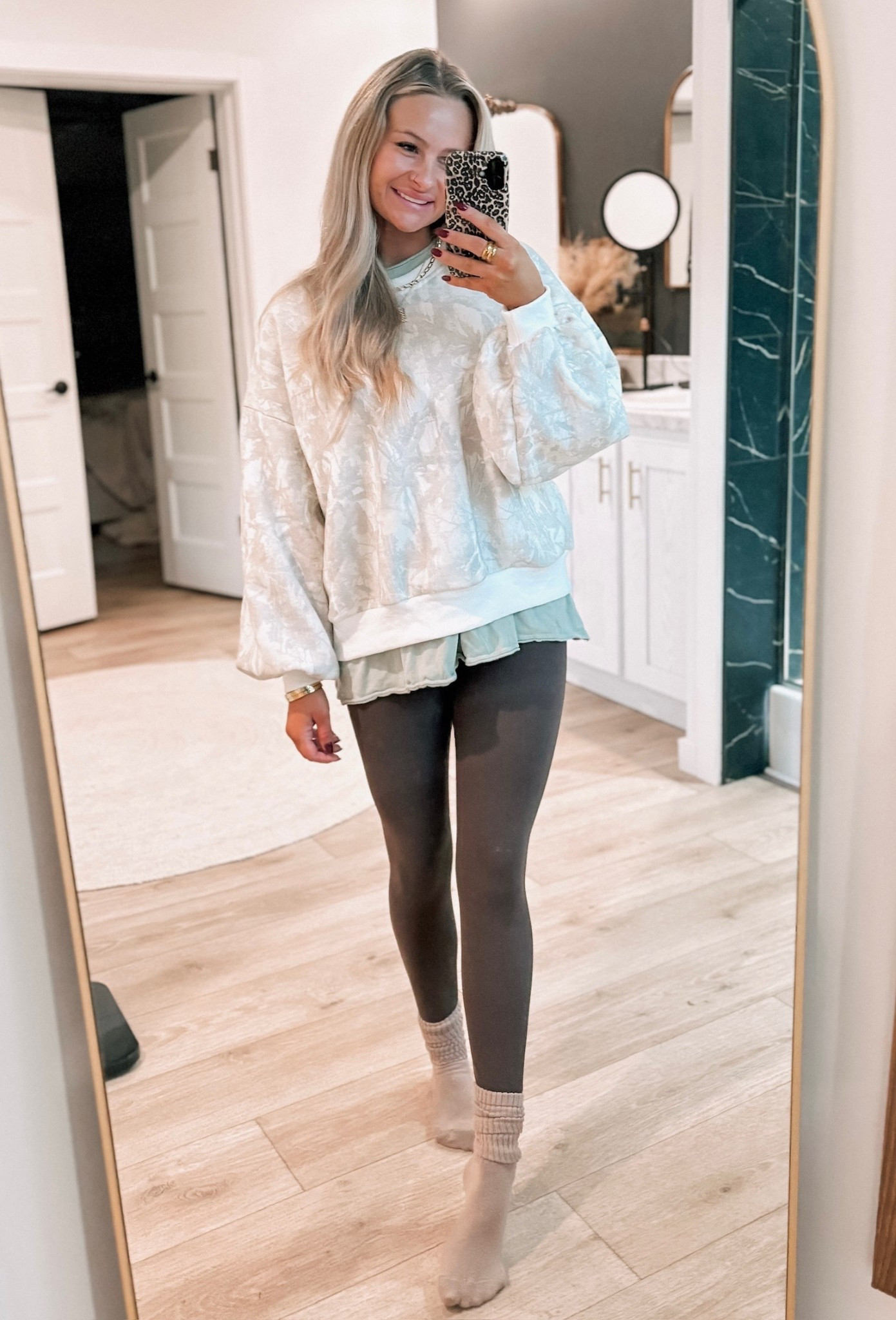 Camo pullover from Southern Roots comes in a set with shorts! I just paired this with an oversized sage green t shirt and my favorite Amazon leggings! 