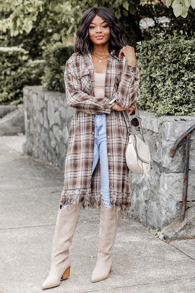 Feel Free Brown Fringe Hem Long Plaid Shacket | Pink Lily