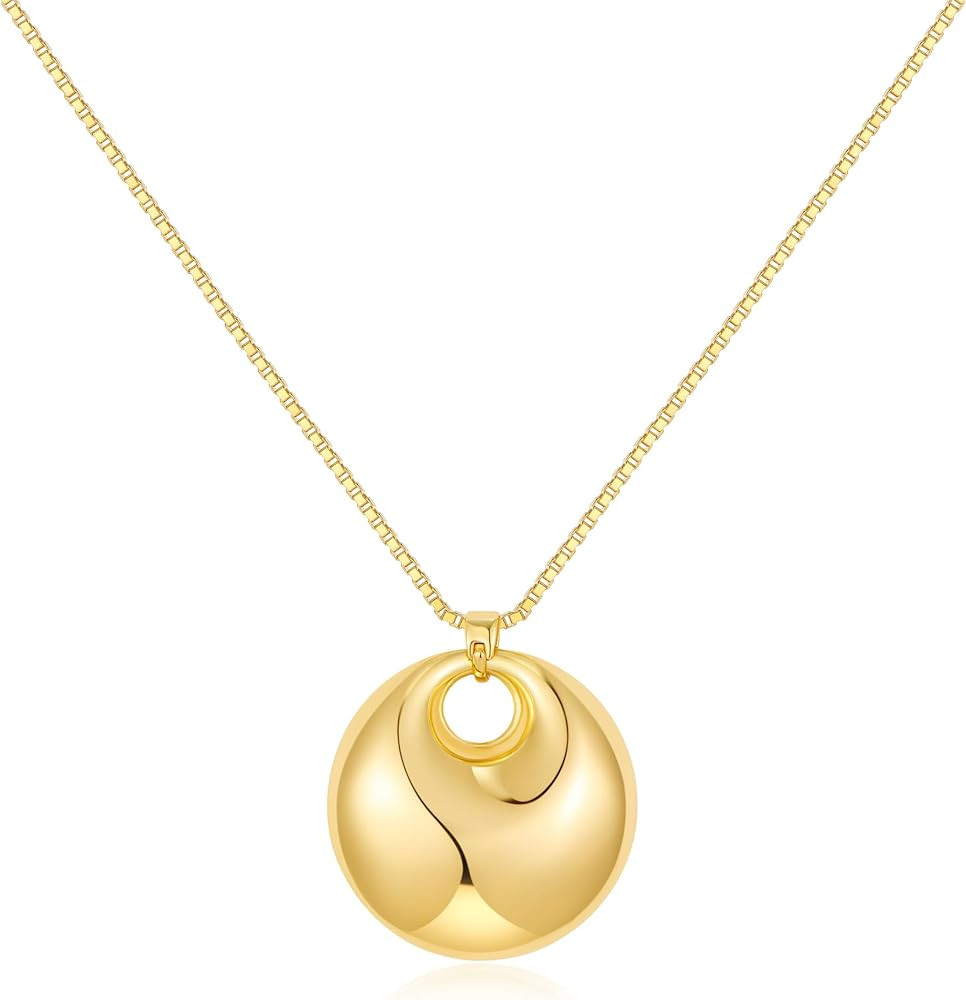Chunky Gold Pendant Necklace for Women, 14K Gold Plated Trendy Puffy Circle Oval Round Pendant St... | Amazon (US)