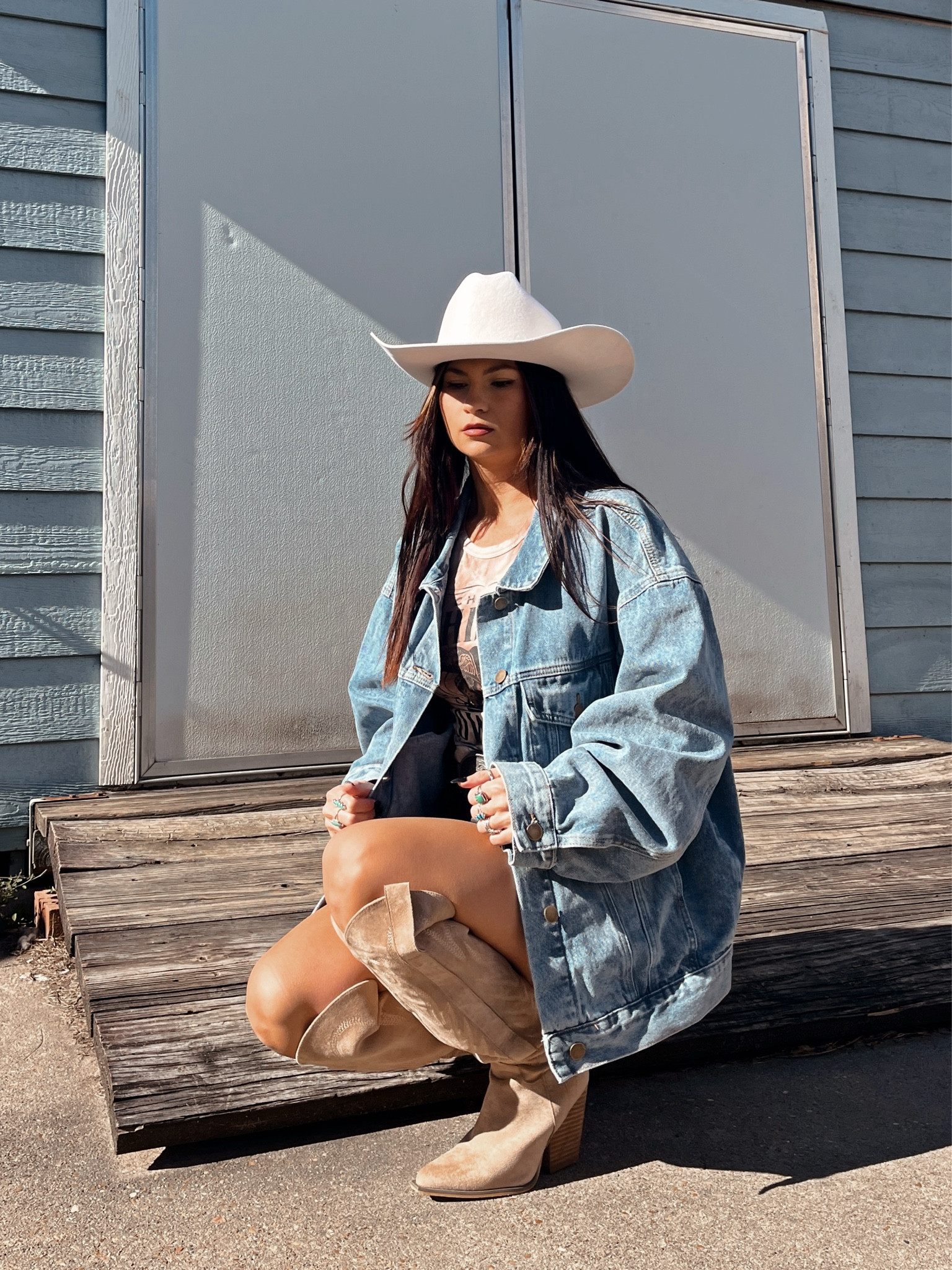 Oversized denim jacket paired with leather skirt and tan boots! Code LORI20 to save 20% on skirt & jacket 

#LTKFindsUnder100 #LTKSeasonal #LTKStyleTip