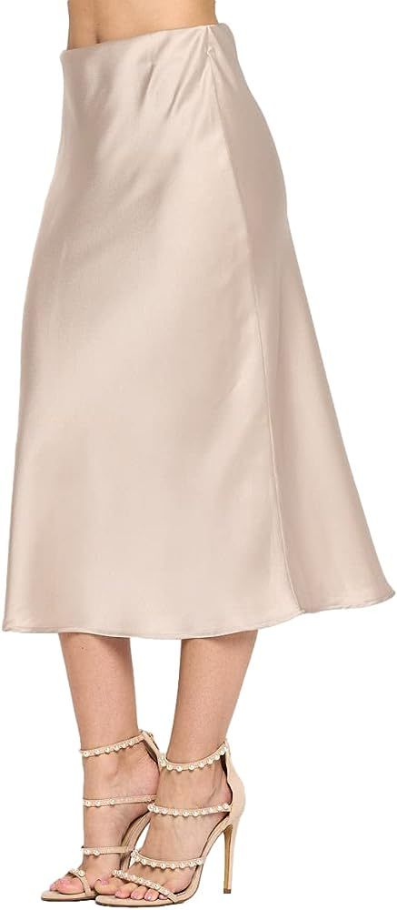Women Solid High Waist Silky Casual Elastic Satin Midi Skirt - Made in USA | Amazon (US)