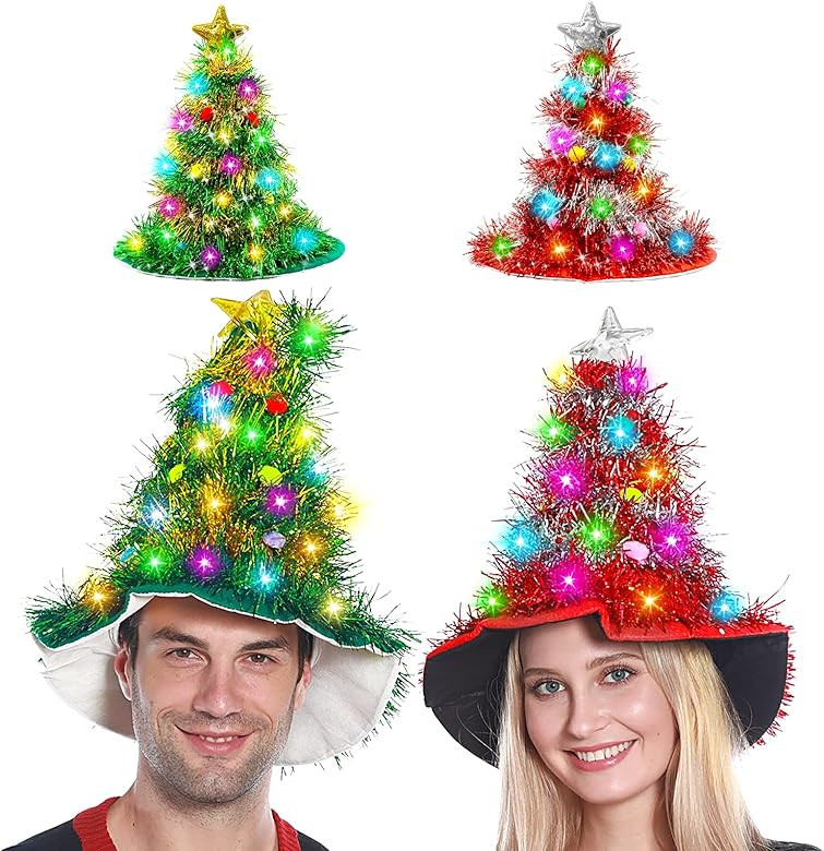 Camlinbo 2 Pack Christmas Hats Tree Santa Hat with Tinsel 30 LED Colorful Lights Poms Christmas C... | Amazon (US)