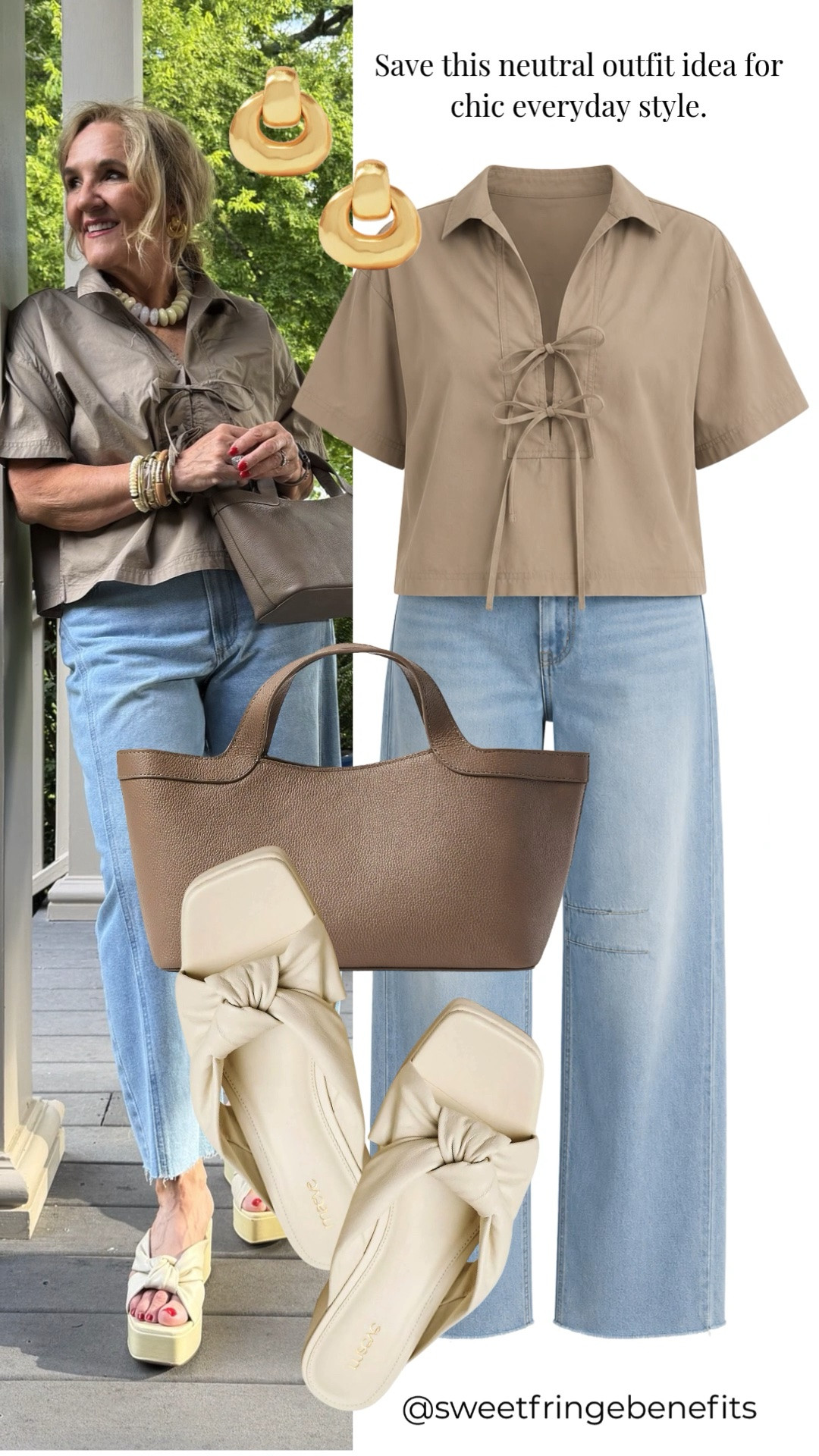 Neutral tones and light-wash denim make the perfect combination for an effortlessly chic everyday look. This tie-front blouse, relaxed jeans, woven tote, and comfortable platform slides are pieces you'll mix and match all season long.

💡 LTK MADE EASY
❤️ Heart = Support my posts!
🔖 Save = Get sale & restock alerts
📋 Lists = Keep favorites organized
📲 Share = Send lists and products to a friend. Hello, Christmas List!
💬 Comment = Ask me anything about sizing or styling. :-)

#LTKootd #LTKOver40 #LTKSeasonal