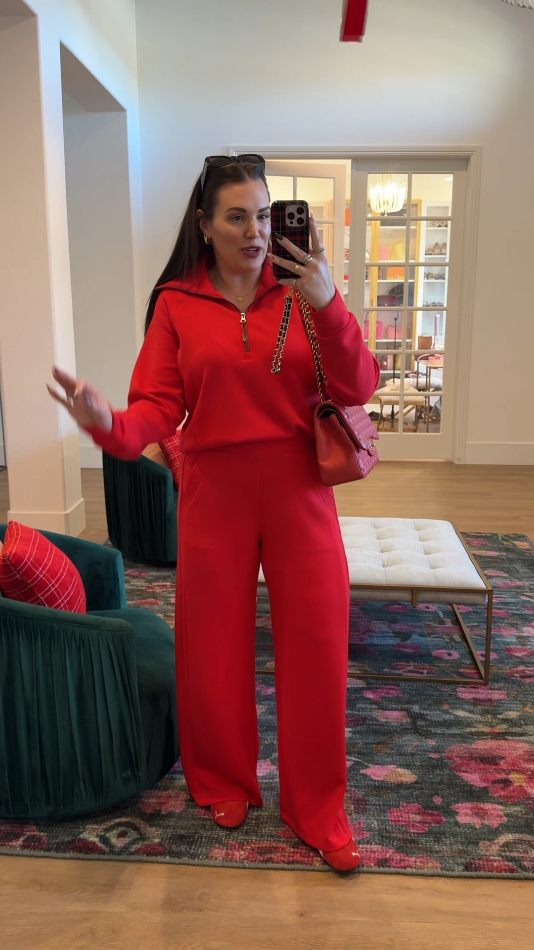 curvy midsize all red cozy athleisure mom on the go look! wearing size large in top and bottom and currently 15% off! color is spanx red ❤️ 

#LTKMidsize #LTKSeasonal #LTKHoliday