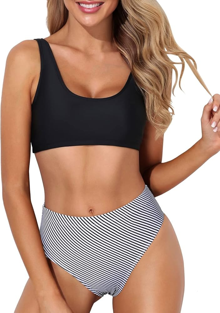 Tempt Me Women Two Piece Scoop Neck Bikini Crop Top High Cut Swimsuit Sporty High Waisted Bathing Su | Amazon (US)