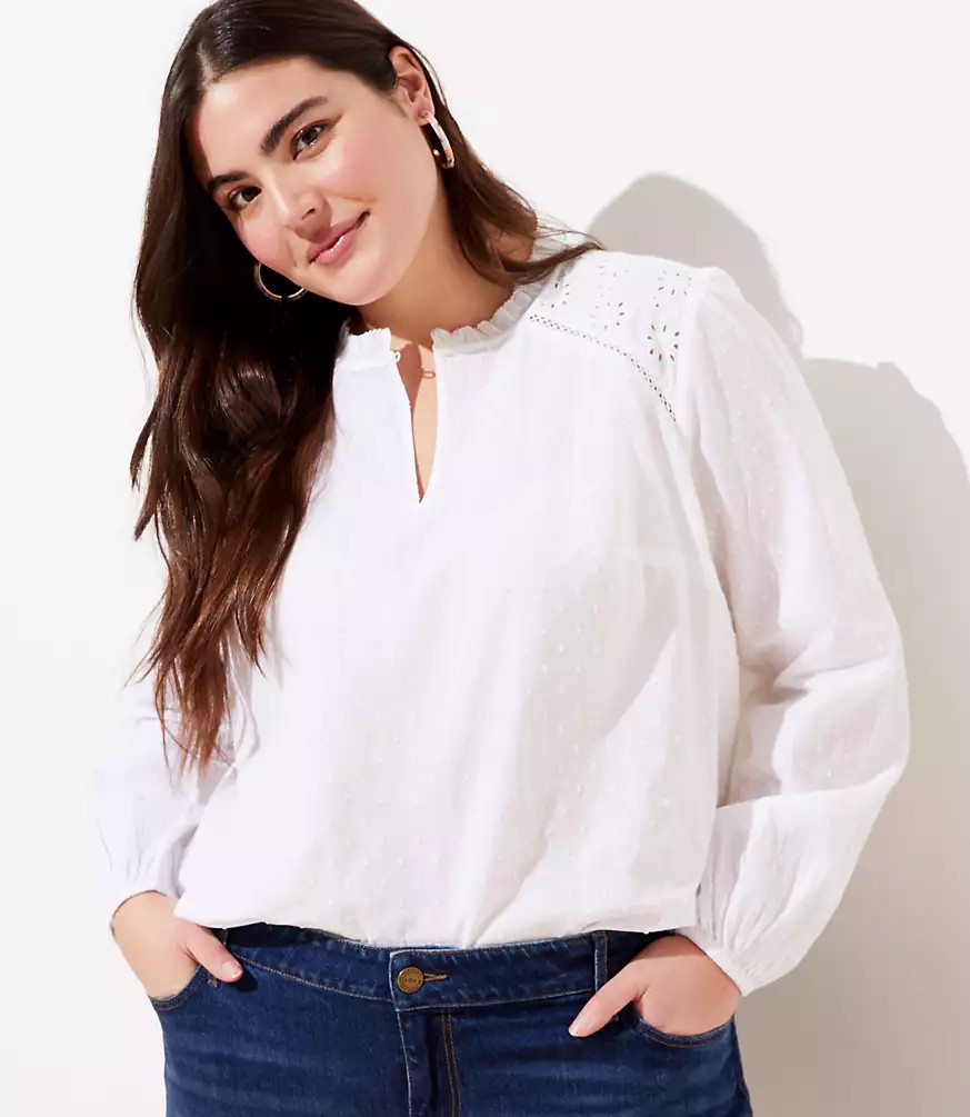 LOFT Plus Eyelet Dotted Split Neck Blouse | LOFT | LOFT