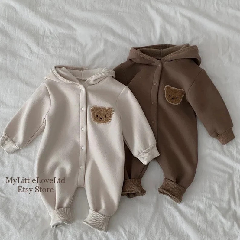 Baby Hooded Teddy Bear Onsie, Newborn Baby Pramsuit, Winter All in One, Unisex Baby Romper, Baby ... | Etsy (US)