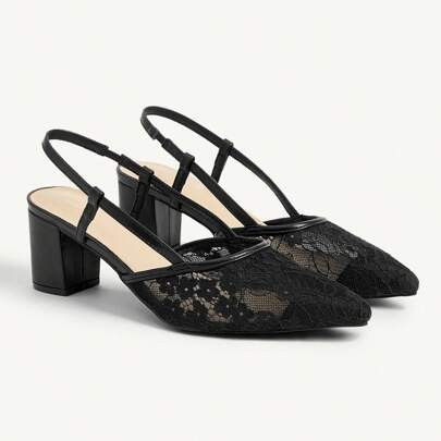 Women Floral Lace Mesh Pointed Toe Chunky Heel Mid Heel Pumps, Elegant And Romantic Black Lace Peep Toe High Heels Shoes For Dates, Afternoon Tea | SHEIN