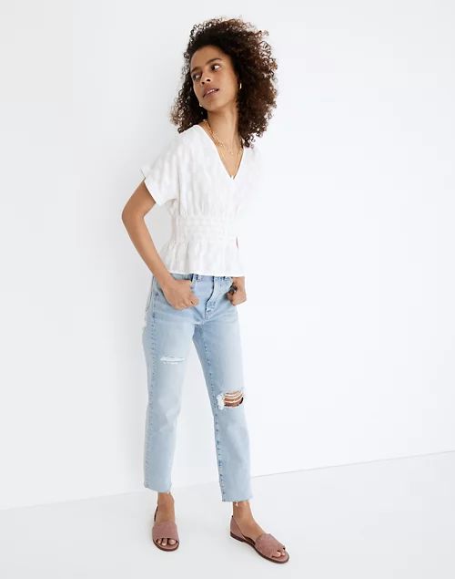 V-Neck Smocked-Waist Top in Square Jacquard | Madewell