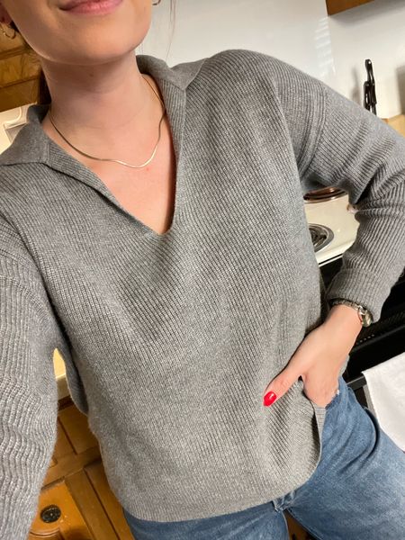 OOTD🫶🏼Gray long-sleeve collared sweater! This top is perfectly paired with jeans and comfortable shoes. I love wearing this top to run errands, grocery shop or lounge around the house - you can dress it up or down to create an effortlessly chic outfit! 

My top is old so I went ahead and tagged similar options below 👇🏼 

#newmomstyle #comfymomstyle #momfashion2023 #newmomfashion #postpartumstyle 

#LTKstyletip #LTKfindsunder50