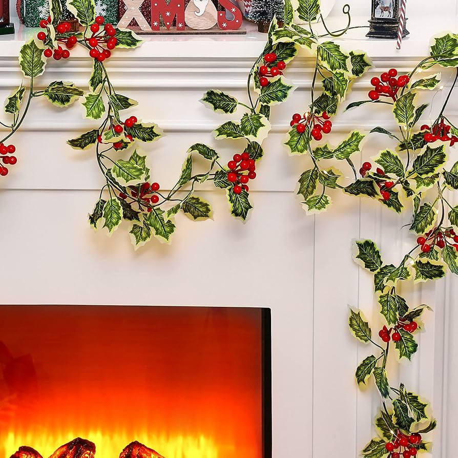 Christmas Decorative Garland Holly Leaves and Red Berries Garland Winter Garland Xmas Decoration ... | Amazon (US)