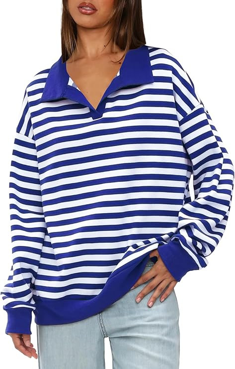 Darong Womens Oversized Contrast Striped Long Sleeve Collared Sweatshirts Casual Cotton Pullover ... | Amazon (US)