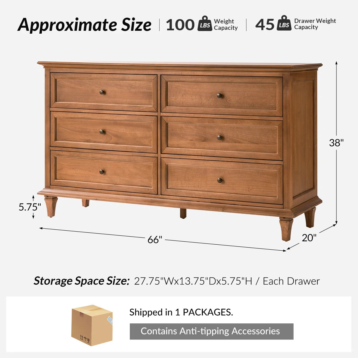 Arthelia Transitional 66''W 6-Drawer Dresser with Knife-Edge Top Panel and Solid Wood Legs | Wayfair North America