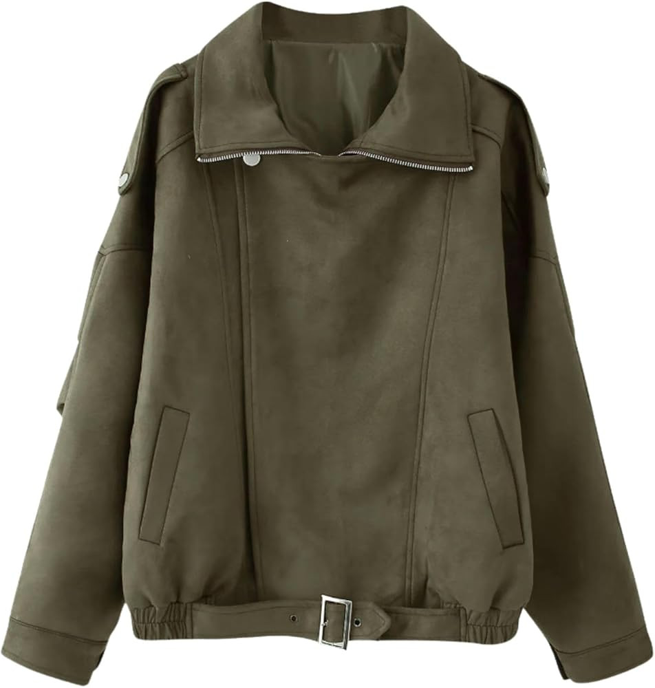 Xunger Women's Vintage Faux Suede Lapel Motorcycle Jacket Oversized Short Style Belt Decor Ribbed... | Amazon (US)