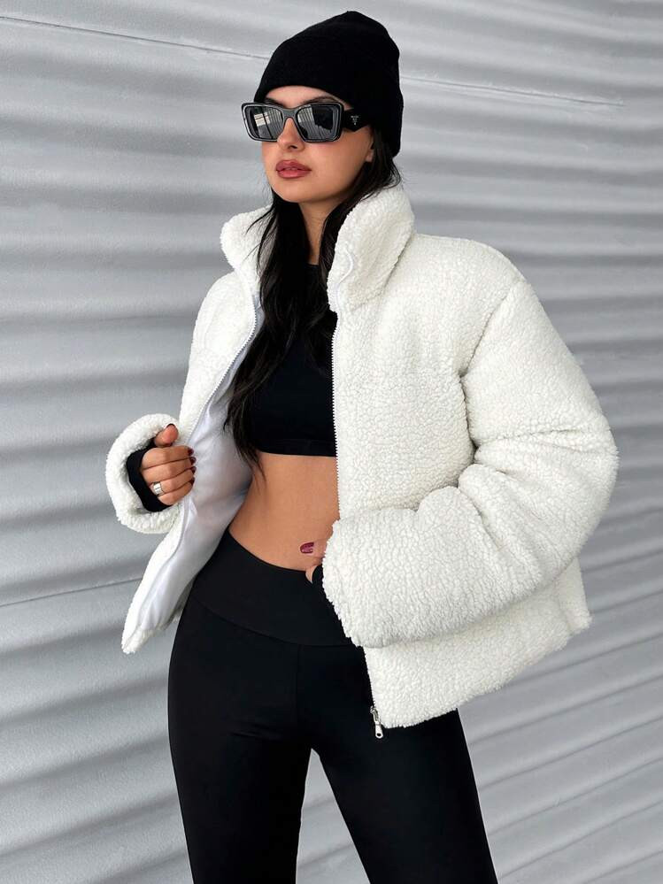 SHEIN Essnce Chic And Cozy High-Necked Long Sleeve Teddy Bear Winter Coat | SHEIN