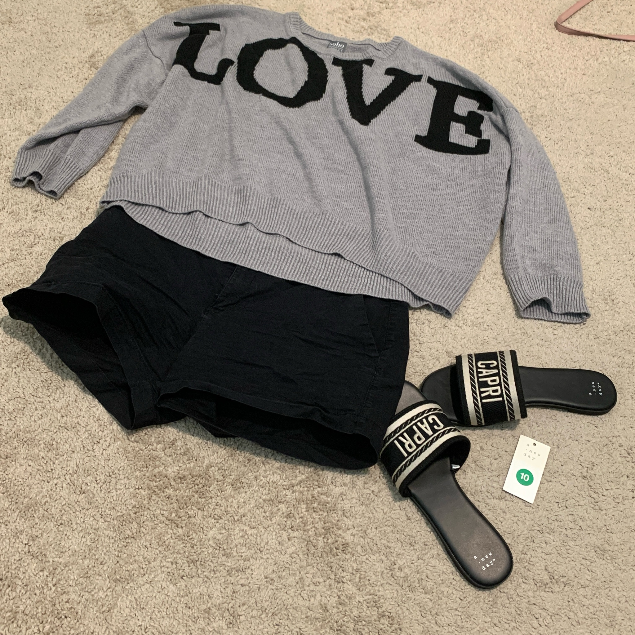 #BlackChino #ChinoShorts #OldNavy #Shorts #BlackSandals #BlackSlideSlides #WovenBlackSandals #Summer #Love #LoveSweater #LoveLogoSweater #SlouchySweater #Valentines #Classic