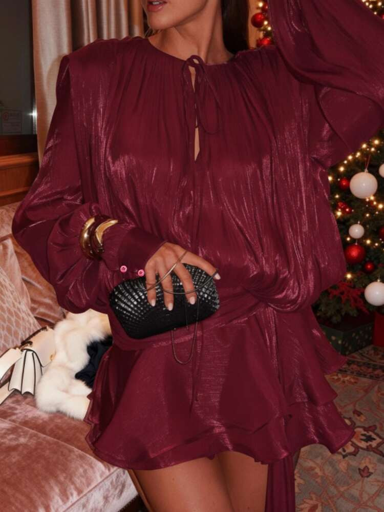 Vestido camisa estilo milênio com gola de babados e amarração, mangas bufantes com babados duplos, cinto não incluso, roupa gótica sexy e elegante para o Natal, vestido de Natal, vestido para convidada de casamento, adequado para ocasiões formais #NoiteDeGala #VestidoDeOutono #OutonoChique | SHEIN