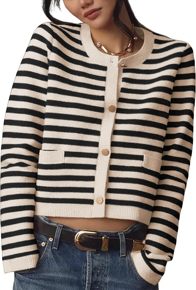 Lentta Womens Striped Knit Cardigan Sweater Crew Neck Long Sleeve Button Front Outerwear | Amazon (US)