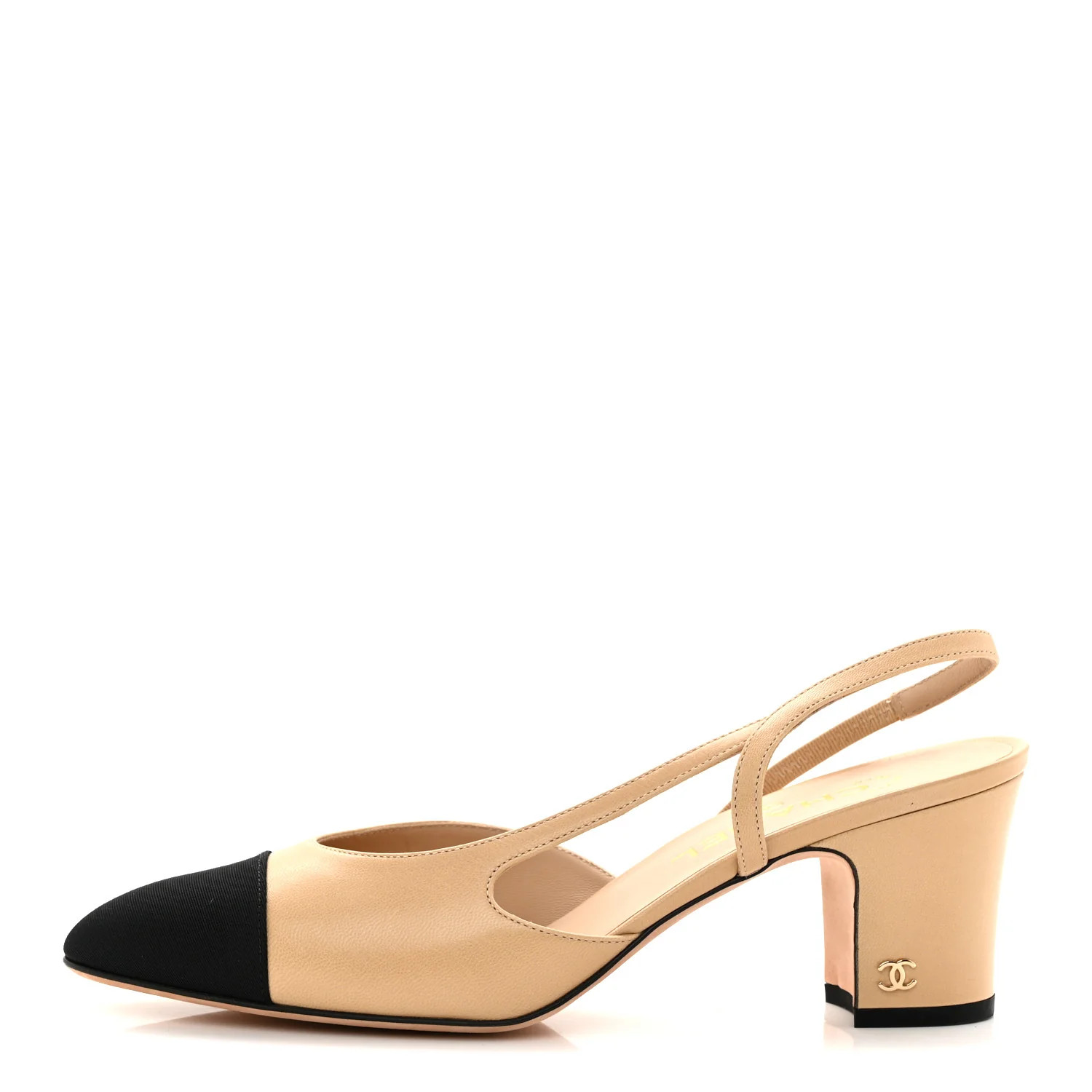 Chanel Goatskin Grosgrain Cap Toe CC Slingback Pumps 39.5 Beige Black 1915379 | FASHIONPHILE (US)