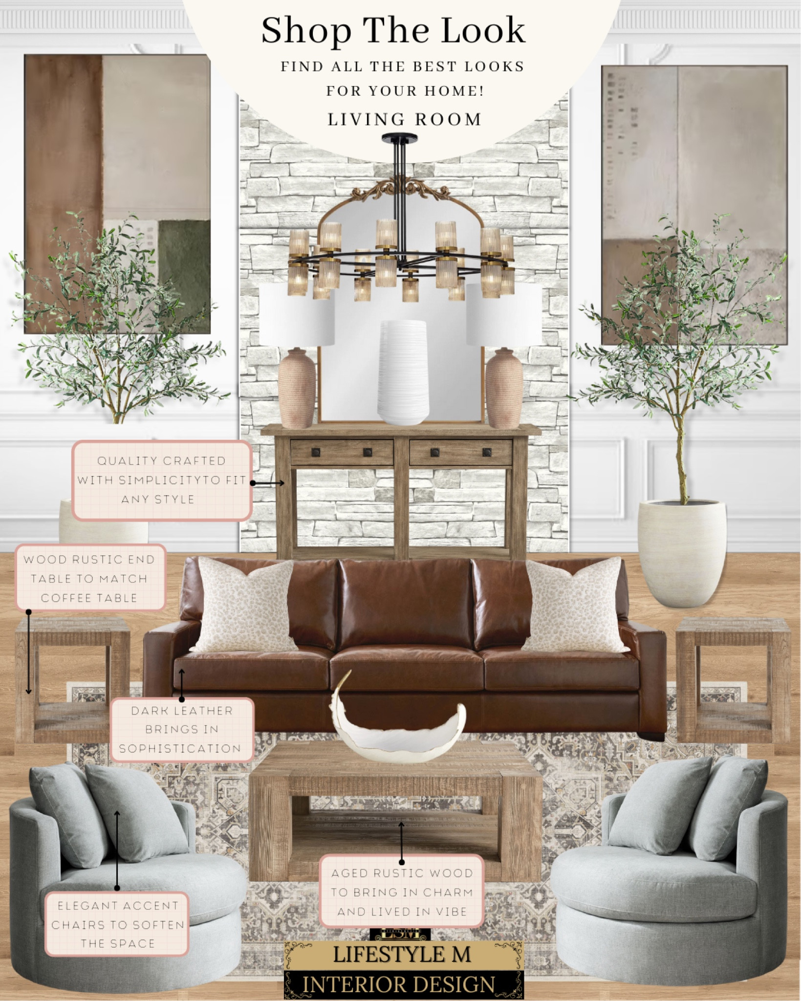 Tan Brown Modern Traditional Living Room Design. Brown leather sofa, gray round chair, square wood coffee table, square wood end table, decorative table bowl, white table vase, wood console
Table, beige traditional rug, fall
Brown wall art, beige table lamp, white tree planter pot, faux olive tree, porcelain wood floor tile, white throw pillow, round modern chandelier, brass arched mirror.

#LTKstyletip #LTKSale #LTKhome