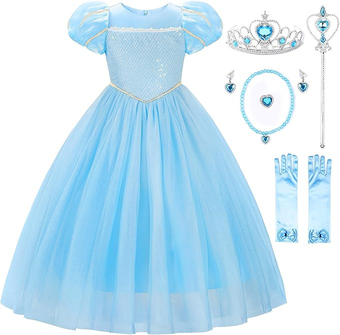 JerrisApparel Girls Princess Dress Puff Sleeve Princess Costume with Accessories | Amazon (US)