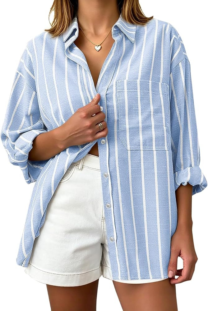 Button Down Shirts for Women Boyfriend Striped Shirts Long Sleeve Collared Blouses with Pocket Ca... | Amazon (US)